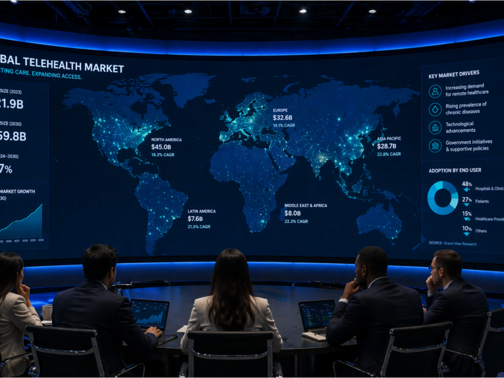 Healthcare team analysing global telemedicine market statistics on a large display screen