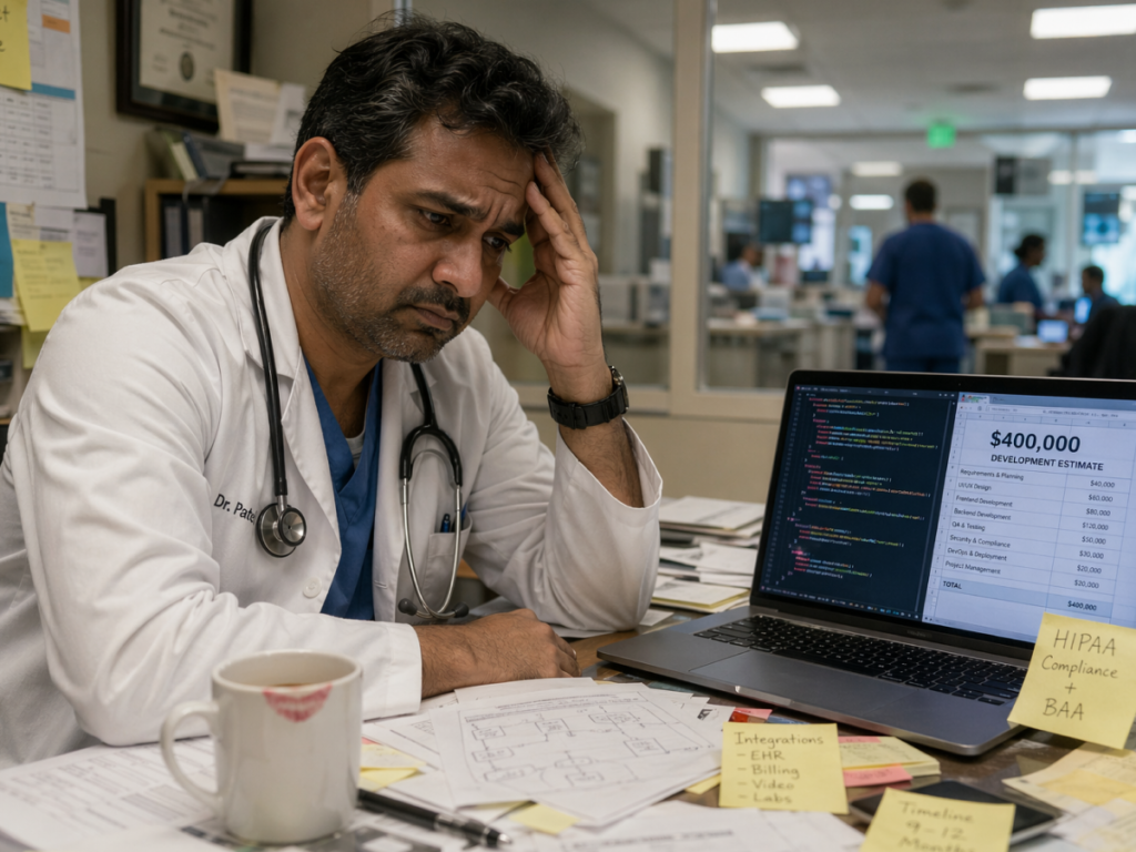 Frustrated doctor overwhelmed by custom telemedicine development costs and long build timelines