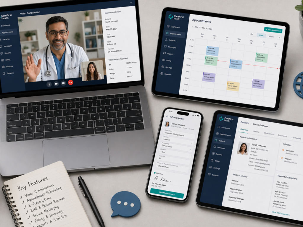 White label telemedicine software dashboard displayed across laptop, tablet, and mobile devices