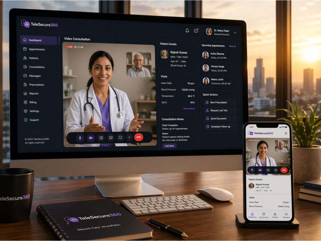 Doctor conducting a virtual patient consultation via TeleSecure360 white label telemedicine platform